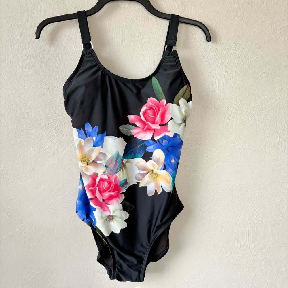 Calvin Klein Black Floral Print One Piece Full Coverage Swimsu…